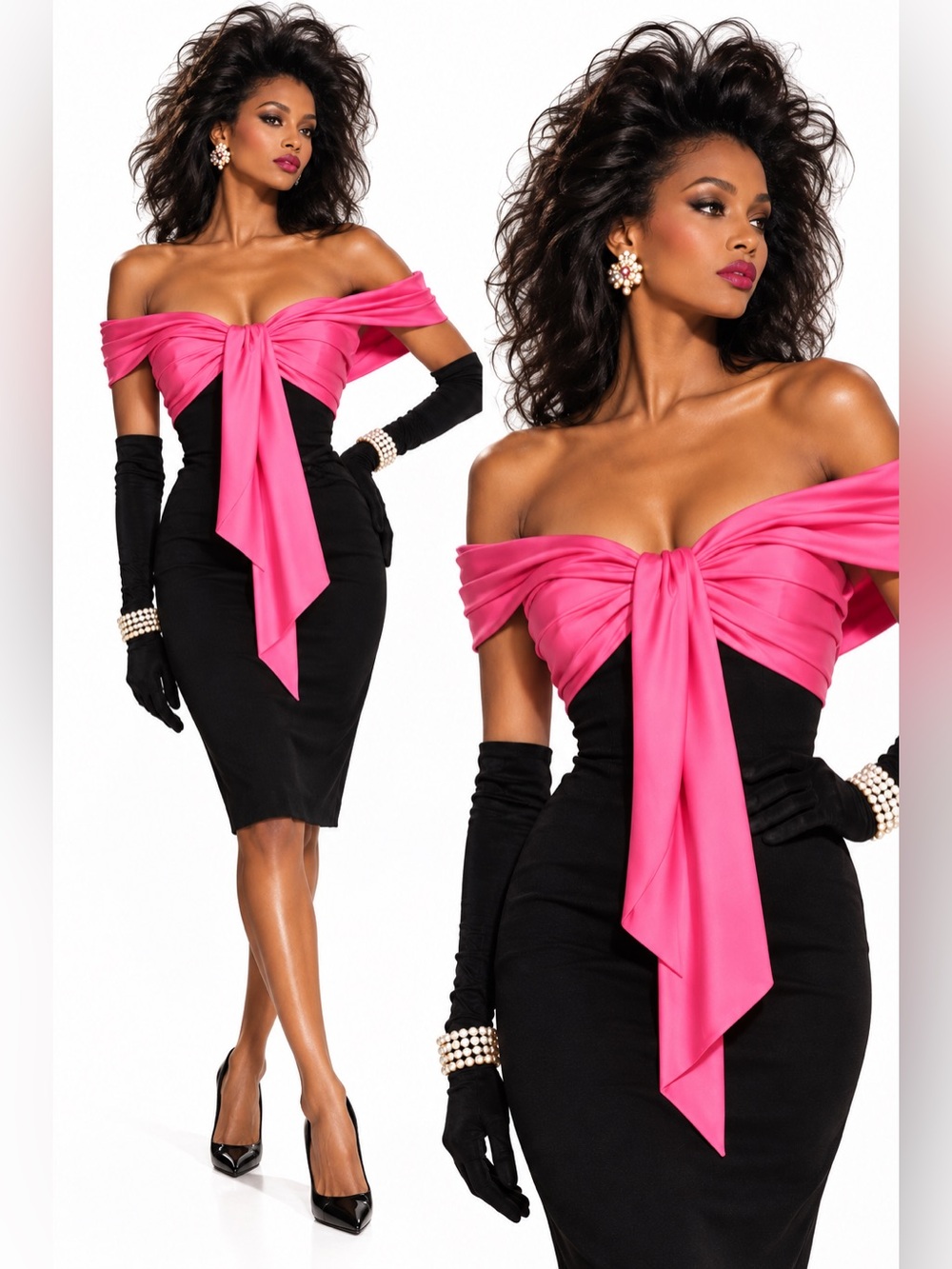 PAULE KA Sweetheart Bow Cocktail Dress Pink Black Size 40 80s Glam Coquette NWT